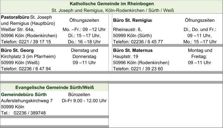 Pastoralbüro  St. Joseph  und Remigius (Hauptbüro) Öfnungszeiten Büro St. Remigiu s Öfnungszeiten Weißer Str. 64a,  Mo. – Fr.: 09 – 12 Uhr Rheinaustr. 6,  Di., Do. und Fr.: 50996 Köln (Rodenkirchen) Di.: 15 – 17 Uhr, 50999 Köln (Sürth) 09 – 11 Uhr, Telefon: 0221 / 39 17 15 Do.: 16 – 18 Uhr Telefon: 02236 / 6 45 77 Mo.: 15 – 17 Uhr Büro St. Georg Dienstag und Büro St. Maternus Montag und Kirchplatz 3 (im Pfarrheim) Donnerstag Hauptstr. 19 Freitag:  50999 Köln (Weiß) 09 – 11 Uhr 50996 Köln (Rodenkirchen) 09 – 11 Uhr Telefon: 02236 / 6 47 94 Telefon: 0221 / 39 23 60 Gemeindebüro Sürth       Bürozeiten Auferstehungskirchweg 7   Di-Fr 9.00 - 12.00 Uhr 50999 Köln Tel.:   02236 / 389748 Evangelische Gemeinde Sürth/Weiß Katholische Gemeinde im Rheinbogen  St. Joseph und Remigius, Köln-Rodenkirchen / Sürth / Weiß