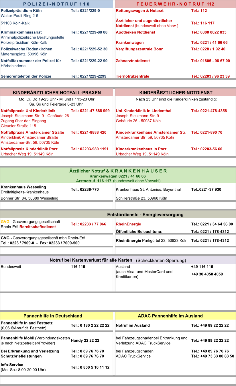 Polizeipräsidium Köln Tel.: 0221/229-0 Rettungswagen & Notarzt Tel.: 112 Walter-Pauli-Ring 2-6 51103 Köln-Kalk Ärztlicher und augenärztlicher  Notdienst  (bundesweit ohne Vorw.) Tel.: 116 117 Kriminalkommissariat Tel.: 0221/229-80 08 Apotheken Notdienst Tel.: 0800 0022 833 Kriminalpolizeilische Beratungsstelle Polizeipräsidium Köln-Kalk Krankenwagen Tel.: 0221 / 41 66 66  Polizeiwache Rodenkirchen Tel.: 0221/229-52 30 Vergiftungszentrale Bonn Tel.: 0228 / 1 92 40 Maternusplatz, 50996 Köln Notfallfaxnummer der Polizei für Tel.: 0221/229-22 90 Zahnarztnotdienst Tel.: 01805 - 98 67 00 Hörbehinderte Seniorentelefon der Polizei Tel.: 0221/229-2299 Tiernotrufzentrale Tel.: 02203 / 96 23 39 Notfallpraxis Uni Kinderklinik Tel.: 0221-47 888 999 Uni-Kinderklinik in Lindenthal Tel.: 0221-478-4358 Joseph-Stelzmann-Str. 9 - Gebäude 26 Joseph-Stelzmann-Str. 9 Zugang über den Eingang Gebäude 26 - 50937 Köln Gleueler Straße 115 Notfallpraxis Amsterdamer Straße Tel.: 0221-8888 420 Kinderkrankenhaus Amsterdamer Str. Tel.: 0221-890 70 Kinderklinik Amsterdamer Straße Amsterdamer Str. 59, 50735 Köln Amsterdamer-Str. 59, 50735 Köln Notfallpraxis Kinderklinik Porz Tel.: 02203-980 1191 Kinderkrankenhaus in Porz Tel.: 02203-56 60 Urbacher Weg 19, 51149 Köln Urbacher Weg 19, 51149 Köln Krankenhaus Wesseling  Dreifaltigkeits-Krankenhaus Tel.: 02236-770 Krankenhaus St. Antonius, Bayenthal Tel.:0221-37 930 Bonner Str. 84, 50389 Wesseling Schillerstraße 23, 50968 Köln GVG  - Gasverorgungsgesellschaft  Rhein-Erft  Bereitschaftsdienst Tel.: 02233 / 77 066 RheinEnergie                   Tel.: 0221 / 34 64 56 00 Öffentliche Beleuchtung: Tel.: 0221 / 178-4312 RheinEnergie  Parkgürtel 23, 50823 Köln Tel.: 0221 / 178-4312 Bundesweit 116 116 Ausland +49 116 116 (auch Visa- und MasterCard und  Kreditkarten) +49 30 4050 4050 Pannenhilfe Inland Festnetz                (0,06 €/Anruf dt. Festnetz) Tel.: 0 180 2 22 22 22 Notruf im Ausland Tel.: +49 89 22 22 22 Pannenhilfe Mobil  (Verbindungskosten  je nach Netzbetreiber/Provider) Handy 22 22 22 bei Fahrzeugschadenbei Erkrankung und  Verletzung ADAC TruckService Tel.: +49 89 22 22 22 Bei Erkrankung und Verletzung Tel.: 0 89 76 76 70 bei Fahrzeugschaden Tel.: +49 89 76 76 76 Schutzbriefleistungen   Tel.: 0 89 76 76 70 ADAC TruckService Tel.: +49 73 33 80 83 50 Info-Service                                    (Mo.–Sa.: 8:00–20:00 Uhr) Tel.: 0 800 5 10 11 12        Pannenhilfe in Deutschland ADAC Pannenhilfe im Ausland   P O L I Z E I - N O T R U F  1 1 0 F E U E R W E H R - N O T R U F  112 Arztnotruf  116 117  (bundesweit ohne Vorwahl) Krankenwagen 0221 / 41 66 66 Notruf bei Kartenverlust für alle Karten    (Scheckkarten-Sperrung) Ärztlicher Notruf & K R A N K E N H Ä U S E R KINDERÄRZTLICHER NOTFALL-PRAXEN Mo, Di, Do 19-23 Uhr - Mi und Fr 13-23 Uhr Sa, So und Feiertage 8-23 Uhr  KINDERÄRZTLICHER-NOTDIENST Nach 23 Uhr sind die Kinderkliniken zuständig: GVG -  Gasverorgungsgesellschft mbh Rhein-Erft                              Tel.: 0223 / 7909-0  -  Fax: 02233 / 7009-500                       Entstördienste - Energieversorgung